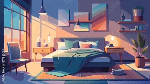 Soft pastel hygge bedroom, layered blankets, wool pillow, bedside candle, dreamy light, flat vector with subtle shadows.