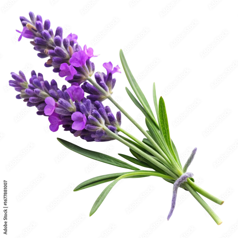 Fototapeta premium A Bunch Of Fresh Lavender Flowers With Green Leaves Isolated On Black Background