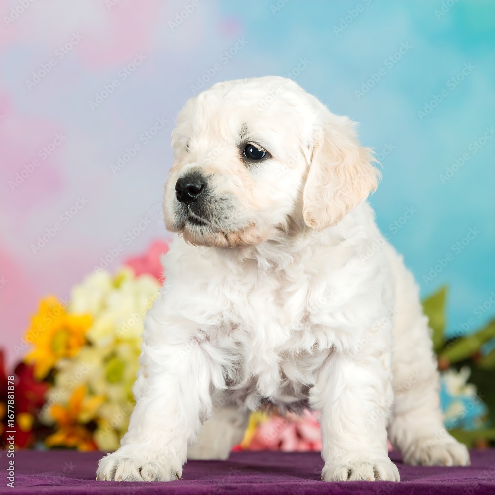 Obraz premium Adorable golden retriever puppy in front of colorful flowers