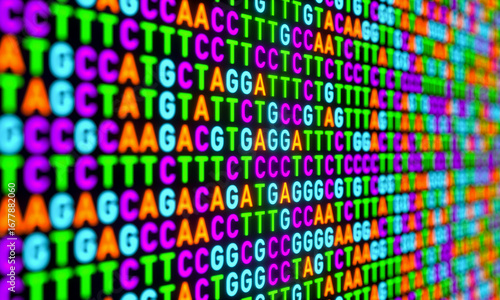 DNA patterns, DNA sequencing, genomics, science and genetic analysis, data, DNA testing. Nucleotide bases Thymine, Adenine, Cytosine., Guanine. 3D illustration
