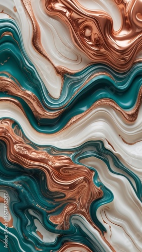 Elegant Liquid Marble Abstract Wallpaper with Copper and Teal Swirls