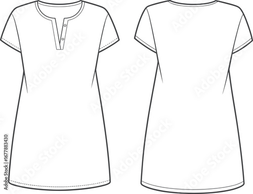 Short sleeve girls tunic with button placket front and curved hemline, fashion CAD drawing, technical flat vector illustration