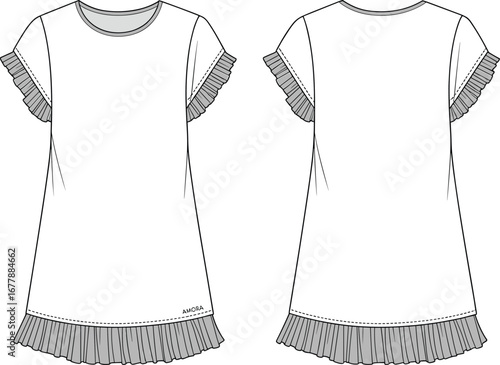 Short sleeve pleated hem dress fashion flat sketch, casual girls dress front and back view, cad drawing vector illustration