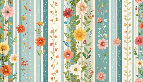 Trendy Vertical Striped floral pattern featuring wild flowers and intertwining leaves design