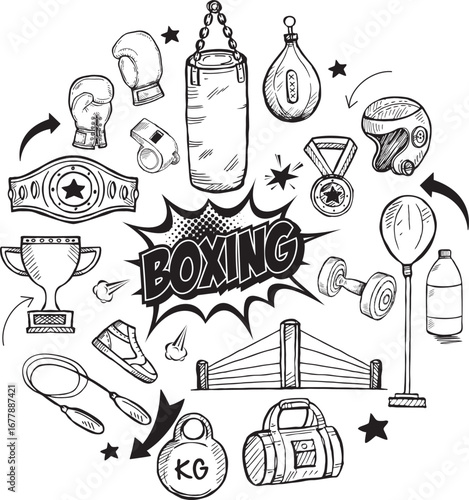 Hand drawn boxing icon set featuring gloves, ring, punching bag, timer, shorts, fighters, medals, and trophies.vector illustration