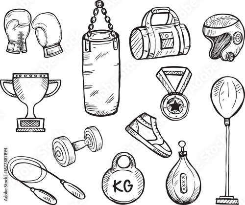 Hand drawn boxing icon set featuring gloves, ring, punching bag, timer, shorts, fighters, medals, and trophies.vector illustration