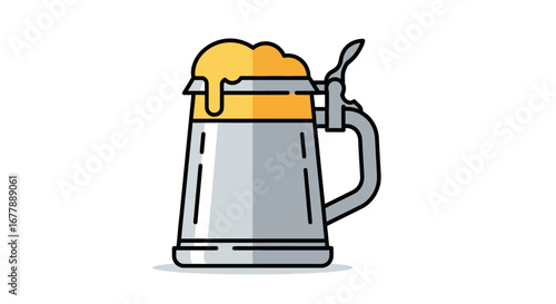 Illustration of a tall, frothy, golden beer mug with a metal lid, perfect for Oktoberfest or any pub gathering, evoking a sense of celebration and refreshment