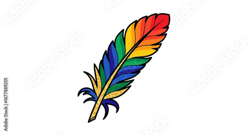 A vibrant, multicolored bird feather, elegantly displayed against a clean white background, showcasing a spectrum of bright, cheerful hues that evoke a sense of joy and natural beauty