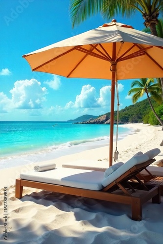 Wallpaper Mural Relaxing beach scene with comfortable beds under a large beach umbrella offering shade and comfort , waves, relaxation, comfort Torontodigital.ca