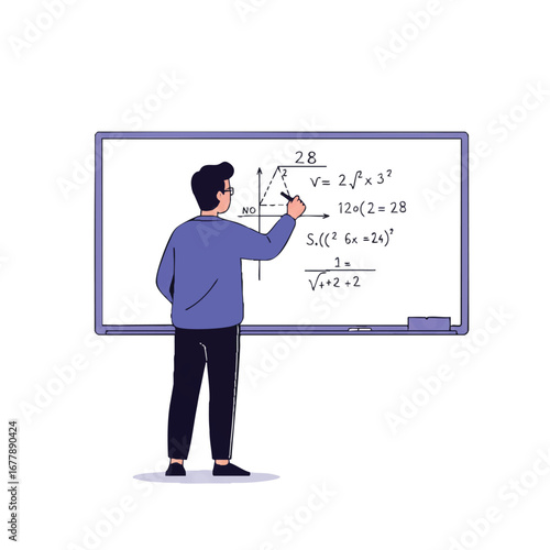 A dedicated teacher writes complex mathematical equations on a whiteboard, illustrated in a clean 2D flat vector style from a student's perspective.
