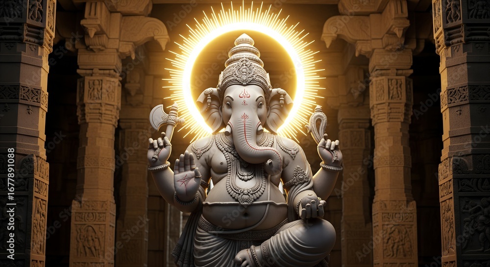 Fototapeta premium Statue of Ganesha with a glowing halo in a temple