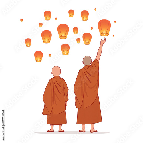 Monks release glowing lanterns into the dark sky in a symbol of enlightenment