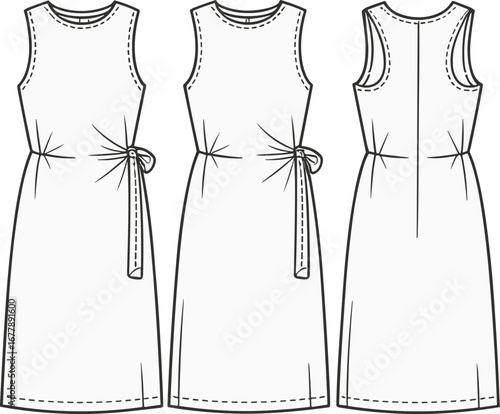 Sleeveless midi dress flat sketch, waist tie detail, front and back view, fashion cad, technical drawing, vector apparel design