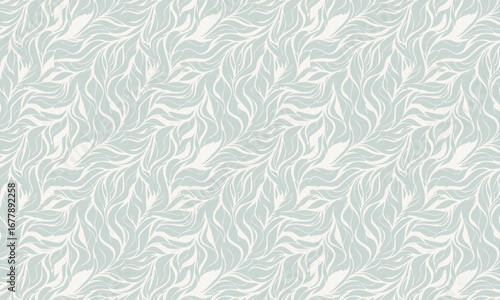 Elegant Hand-Drawn Seamless Pattern with Flowing Leaves or Waves, Abstract Botanical Background in Calming Sage Green.