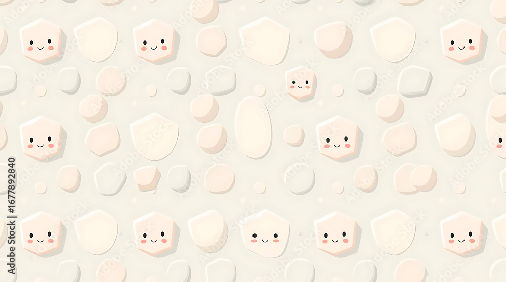 Fototapeta premium Cute kawaii seamless pattern with marshmallows and happy faces, a sweet and playful design for backgrounds, textures, and childrens illustrations
