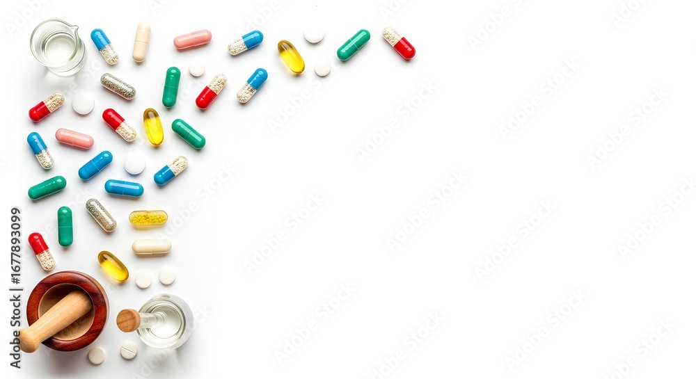 Obraz premium Pharmacy and healthcare concept with a colorful variety of medicine pills, capsules, and tablets scattered on a white background with a mortar and pestle