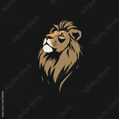 Modern flat design illustration of a majestic lion gazing thoughtfully upward against a black background. The lion is graceful and elegant with refined features, rendered in simple two-dimensional sha
