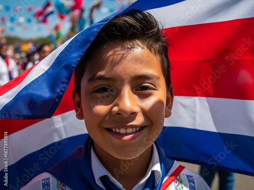 Joyful boy celebrates Costa Rica's Independence Day with national flag.