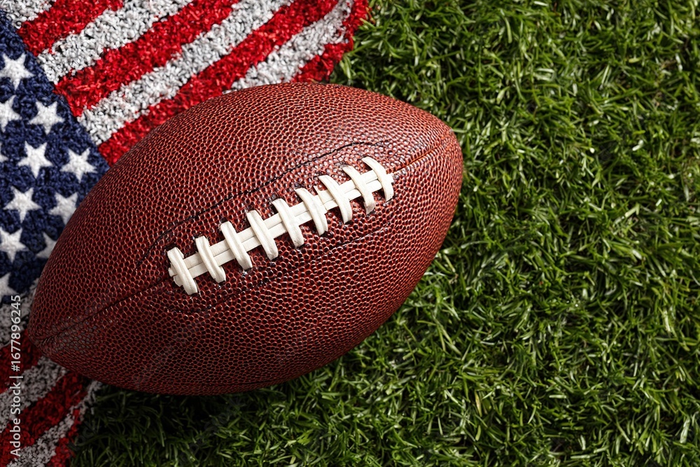 Obraz premium American Football on Grass with US Flag Pattern for Sports Event Background, Patriotic Theme, and Game Day Promotion.