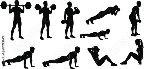 Silhouettes of men and women performing various strength training exercises with weights, push-ups, and sit-ups for fitness.