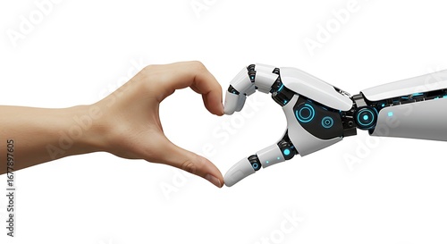 Human and robot hands forming a heart shape, symbolizing connection and cooperation between humanity and artificial intelligence.