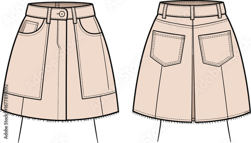 Stylish women’s denim mini skirt technical flat sketch with front patch pockets, back yoke, and raw hem design detail