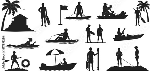 Water sports silhouettes, beach activities, boating, kayaking, surfing, fishing, tropical island, leisure, summer vacation, outdoor adventure