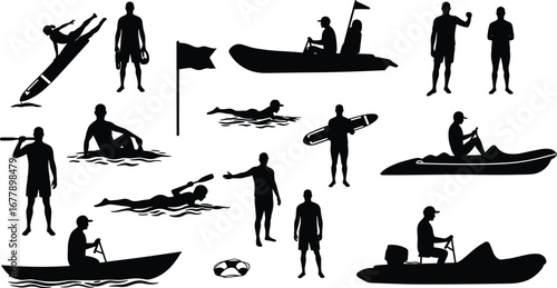 Water sports silhouettes, kayaking, canoeing, swimming, surfing, paddleboarding, boating, lifeguard training, outdoor activities, adventure, summer, recreation, safety, teamwork, fitness.