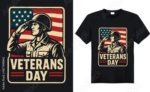 “Patriotic Veterans Day t-shirt featuring the American flag, bold typography, and military-inspired elements honoring the bravery and sacrifice of our heroes.”