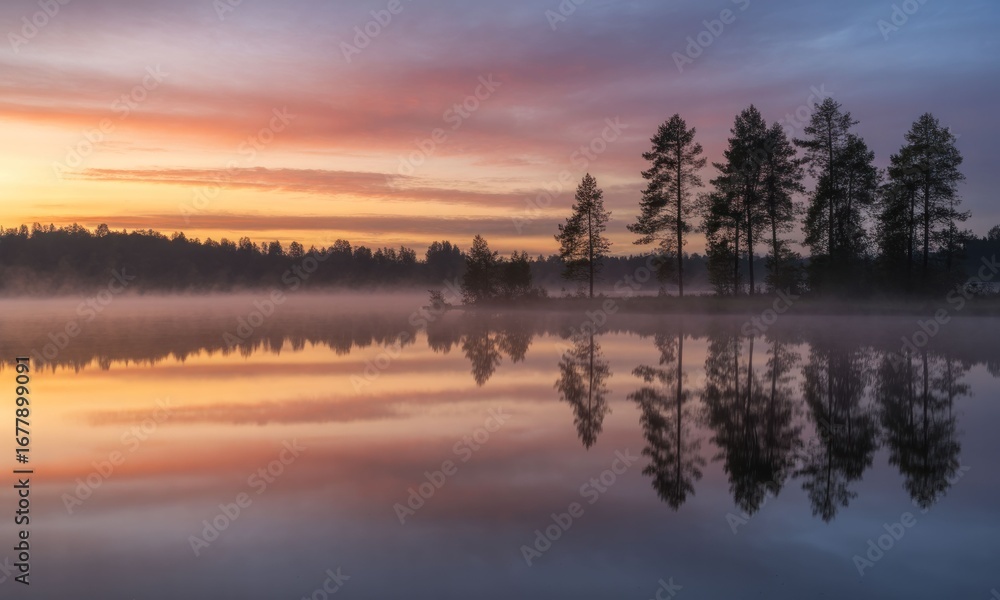 Fototapeta premium Serene sunrise over a calm lake, mirrored reflections