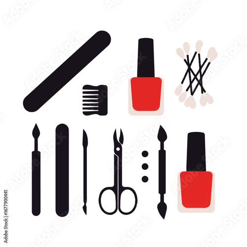 Manicure set with nail polish, file, cuticle pusher, scissors and cotton swabs