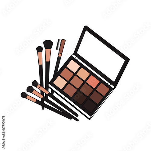 Open eyeshadow palette with neutral tones and makeup brushes assortment