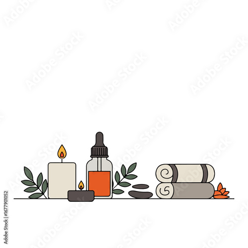 Spa still life with candles, oil bottle, towels, stones and leaves