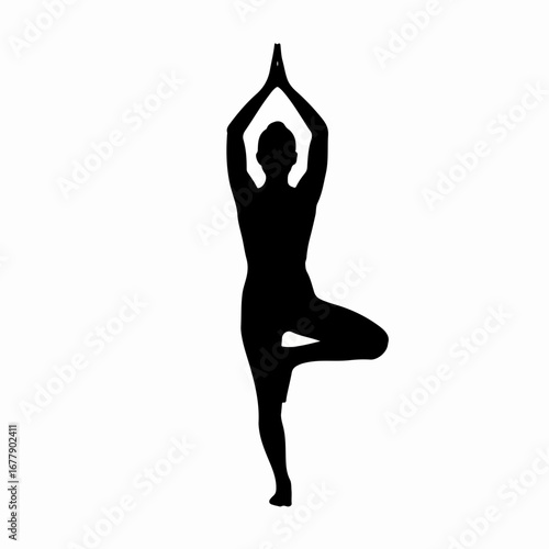 Black silhouette of a person practicing the yoga tree pose.