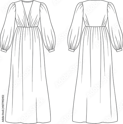 V-neck puff sleeve long maxi dress technical flat sketch front and back view, detailed CAD vector fashion design illustration