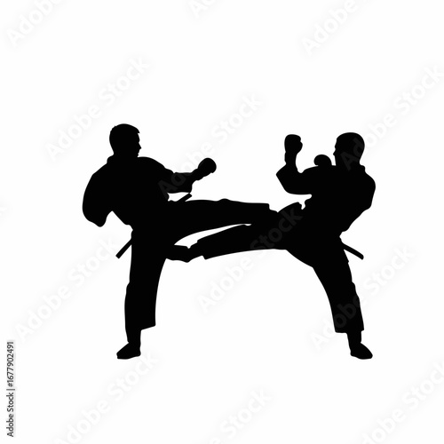 Black silhouette of two men engaged in a karate fight.