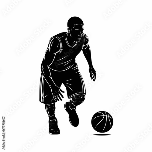 Dynamic black and white illustration of a basketball player dribbling.