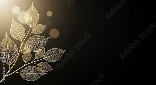 An Elegant Arrangement Of Golden Skeletal Leaves On A Branch, With A Warm Glow And Bokeh Lights On A Dark Background.