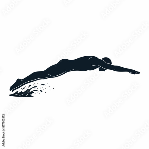 Monochrome vector silhouette of a swimmer diving into water.