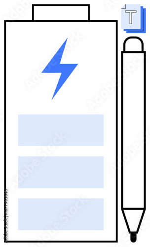 Battery with lightning bolt symbol, clipboard, and sleek stylus emphasizing technology, productivity, digital creativity, design tools, energy, innovation and efficiency. Ideal for productivity