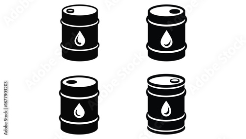Set of black oil barrel icons with drop symbol isolated on white background
