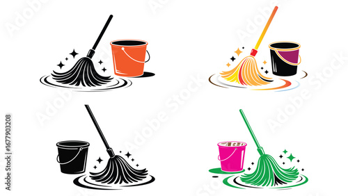 Cleaning mop and bucket icons with colorful hygiene and janitorial illustration
