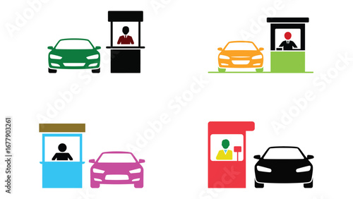 Car toll booth icons with colorful vehicle and cashier illustration
