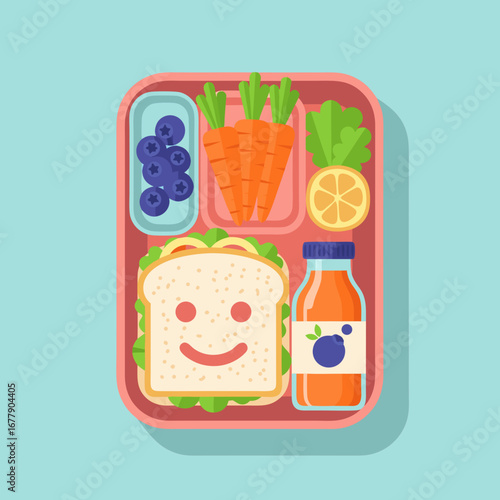 A fresh and colorful packed lunch in a pink bento box. Features a happy sandwich, carrots, blueberries, a lemon slice, lettuce, and fruit juice.
