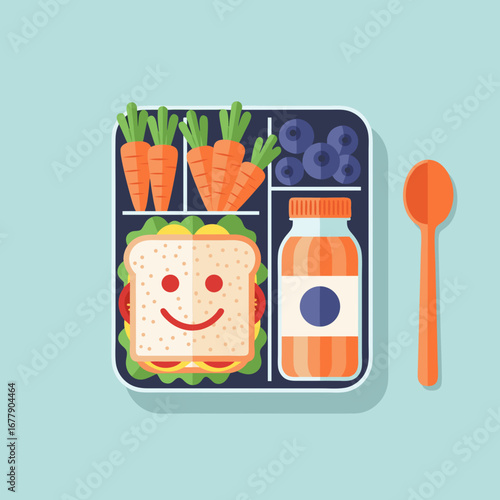 A complete and balanced kids' lunch set, ready for school. Features a smiling sandwich, carrots, berries, a drink, and a spoon for a convenient meal.