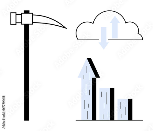 Pickaxe symbolizing data mining, cloud with arrows for data synchronization, and ascending bar graph denoting growth. Ideal for tech, analytics, business, innovation, data, mining concepts