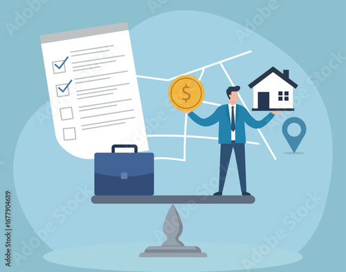A man balances his career and finances to purchase a home, symbolizing property investment, financial planning, and making important life choices