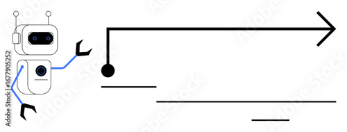 Robot with mechanical arms gestures toward a timeline marked by an arrow and dots. Ideal for technology, automation, robotics, process flow, progress, innovation, education. Simple flat metaphor