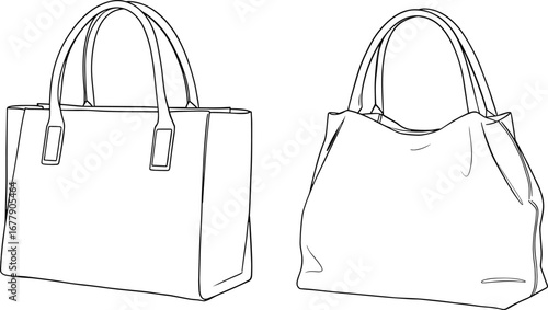 Handbag line art illustration, fashion accessory vector drawing, minimal black and white tote bags sketch, isolated design element