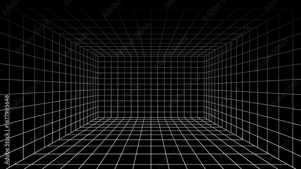 Naklejka premium Retro neon grid room with glowing orange and pink lines, 3D perspective wireframe tunnel, futuristic digital space background, perfect for sci-fi, gaming, and virtual reality designs